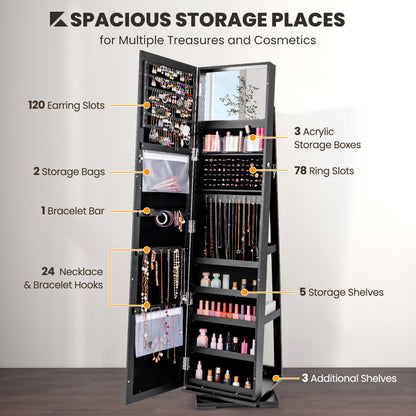 Full Length Mirrored Jewellery Cabinet Rotates 360° with Open Display Shelves-Black