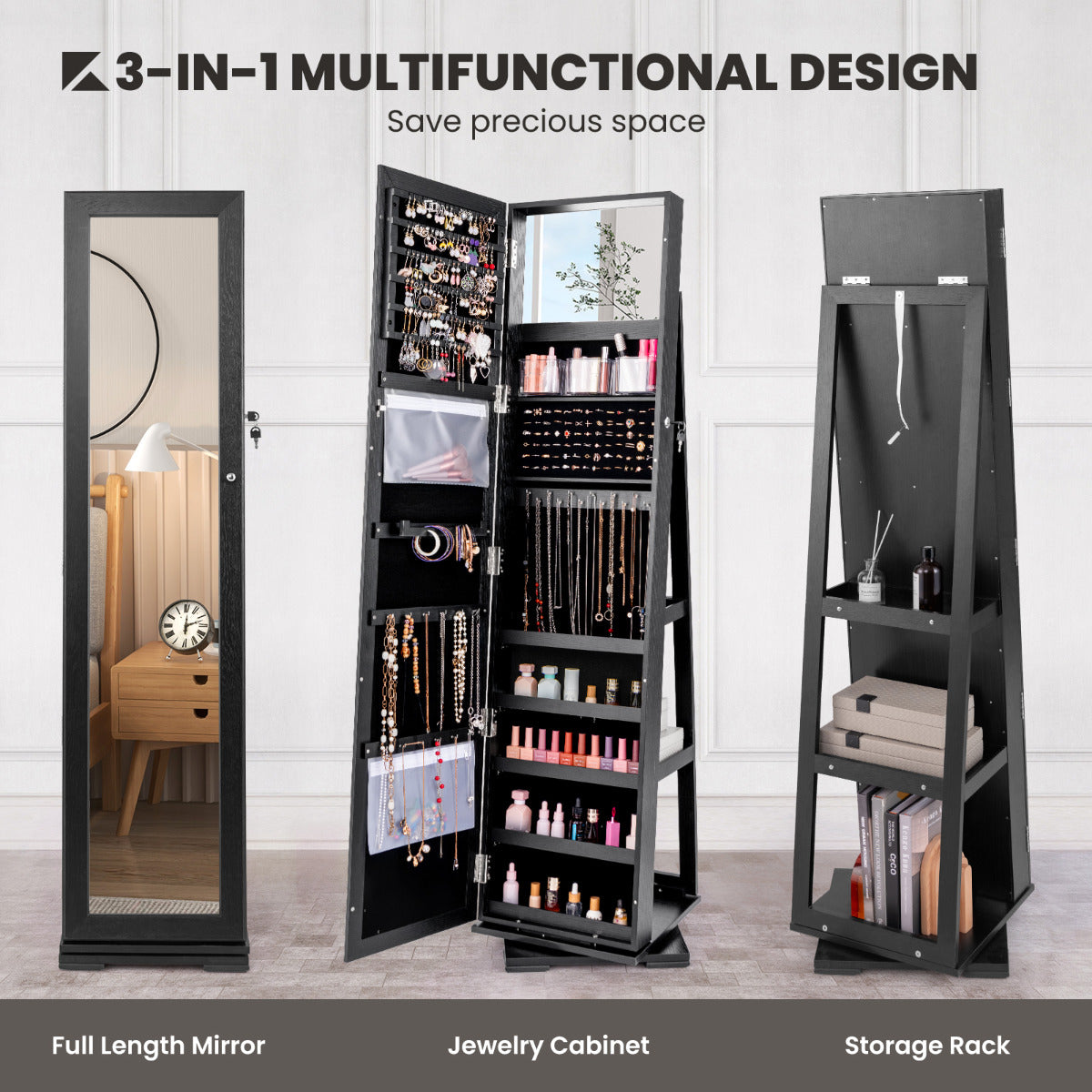 Full Length Mirrored Jewellery Cabinet Rotates 360° with Open Display Shelves-Black