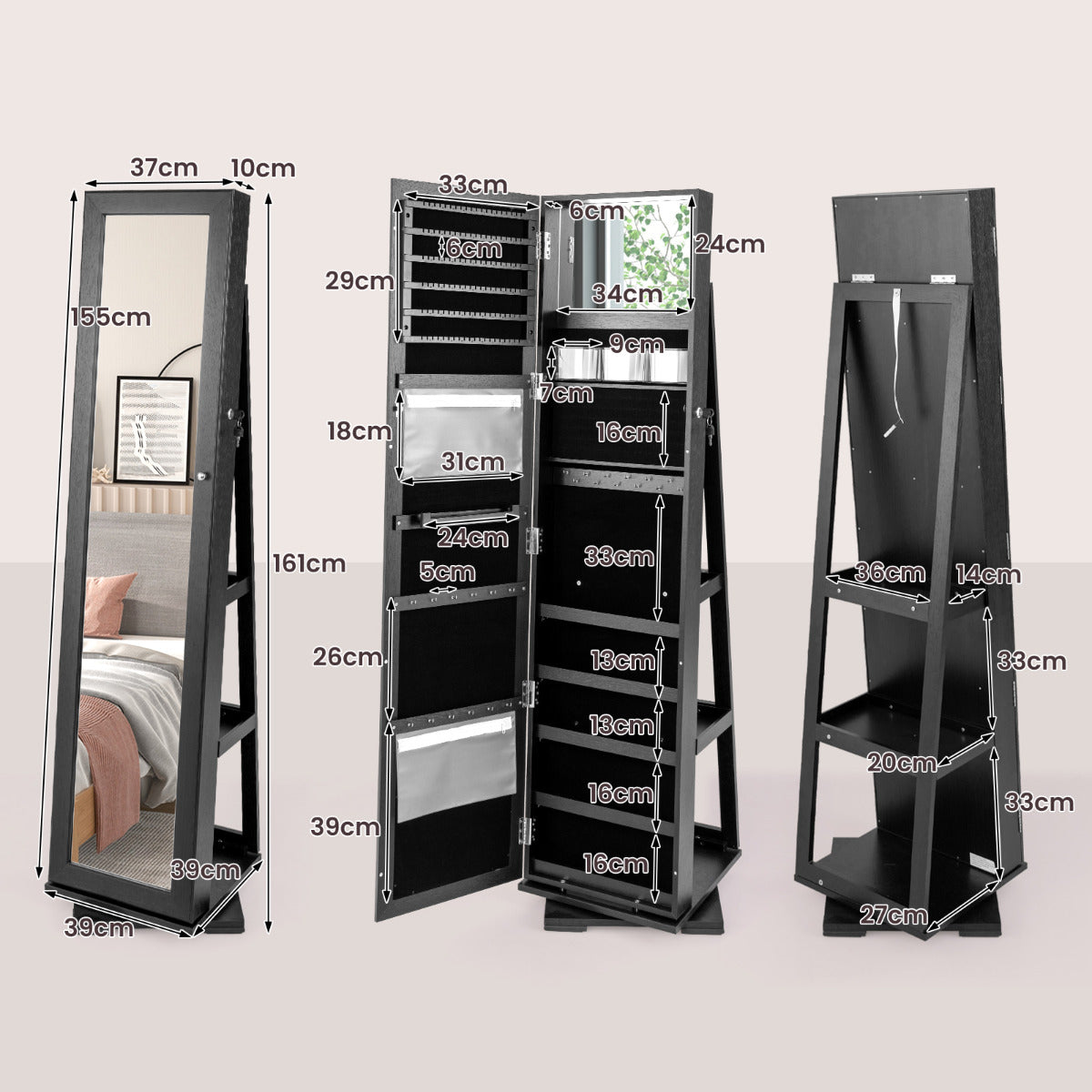 Full Length Mirrored Jewellery Cabinet Rotates 360° with Open Display Shelves-Black