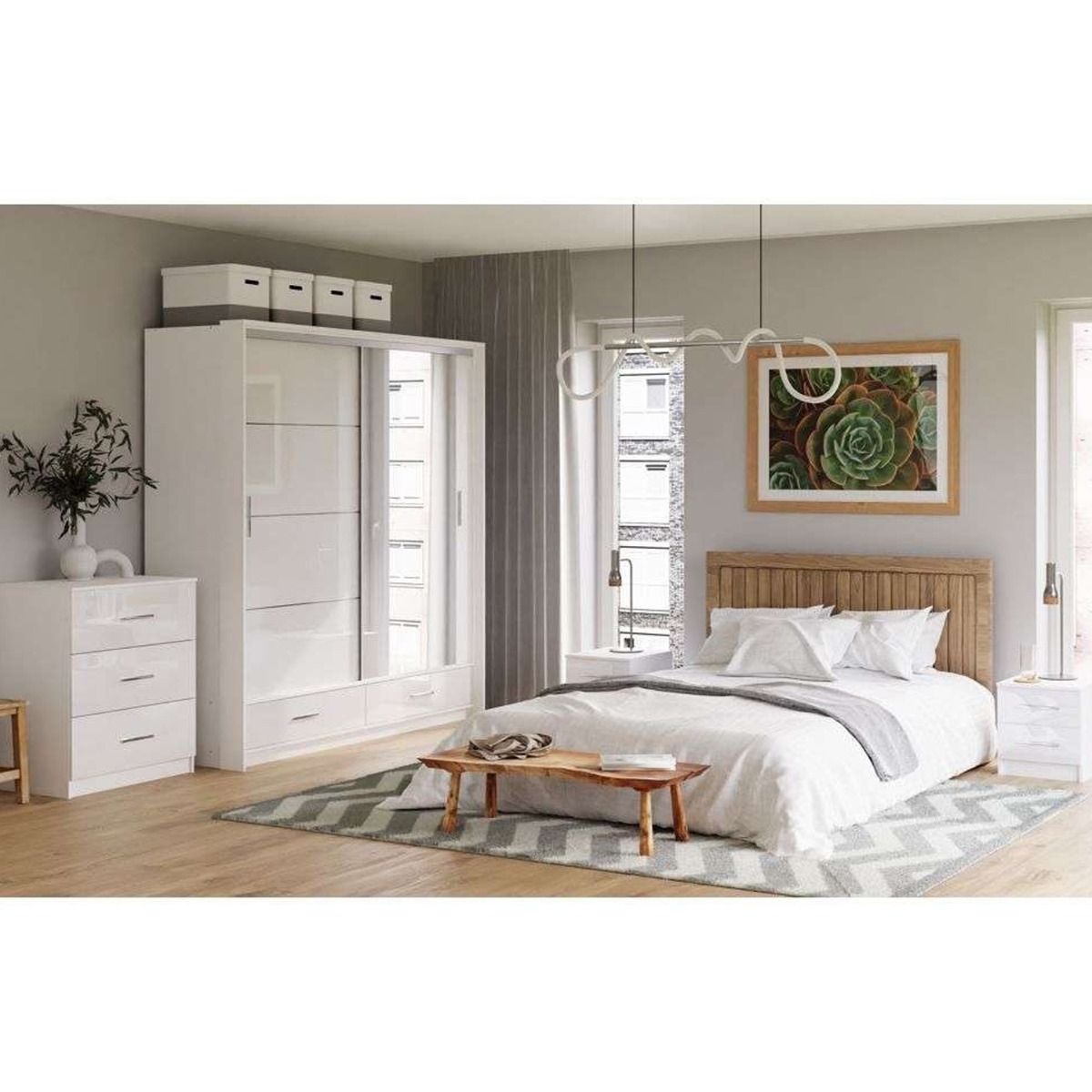 Warrington Bedroom Set with 208cm Wardrobe, Bedside and Chest - Black, Grey, White