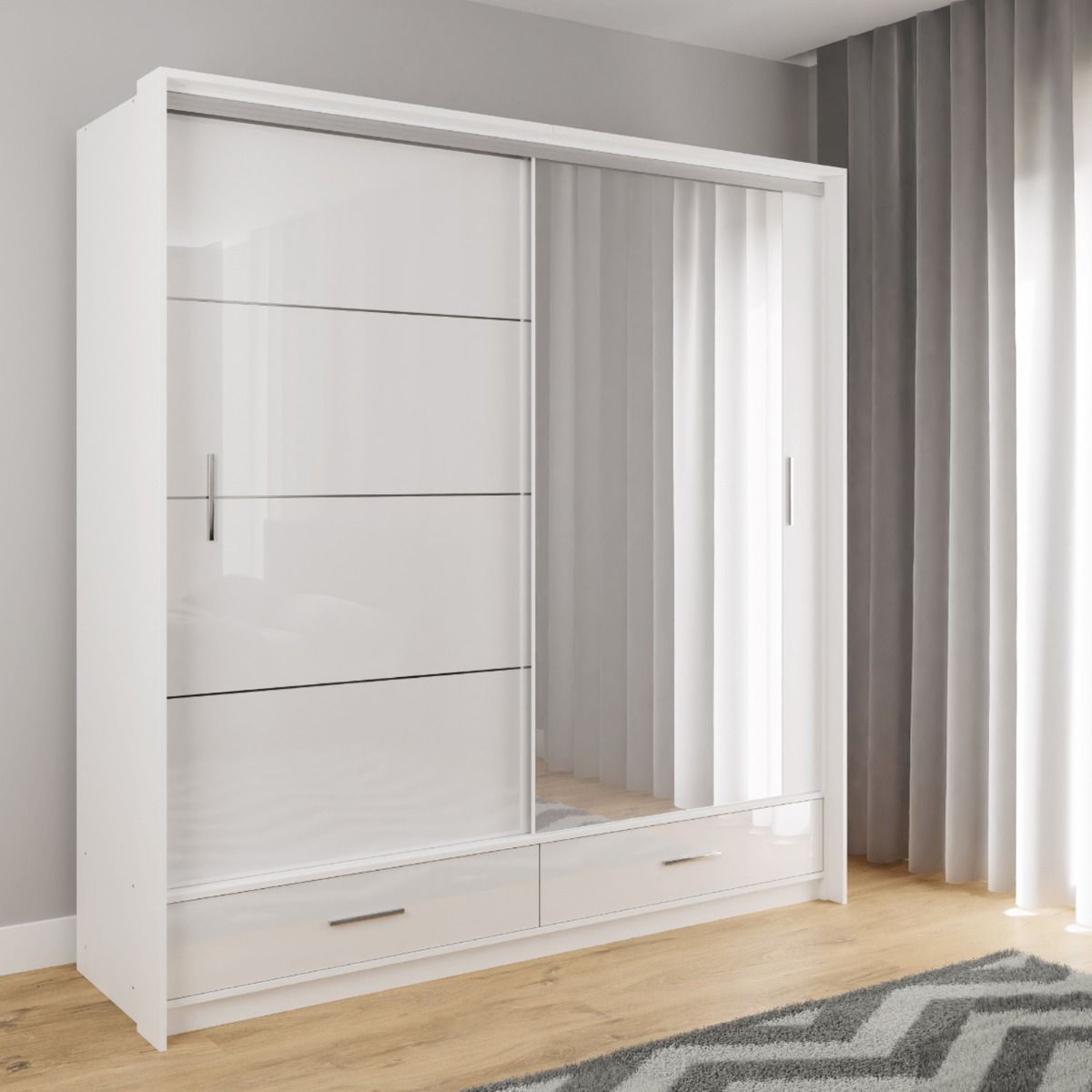 Warrington Bedroom Set with 208cm Wardrobe, Bedside and Chest - Black, Grey, White