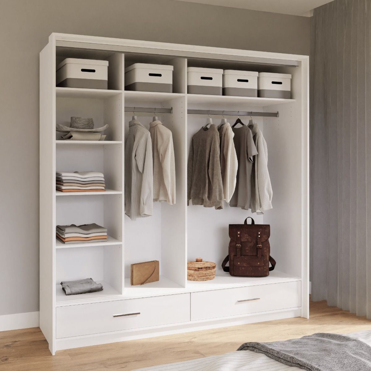 Warrington Bedroom Set with 208cm Wardrobe, Bedside and Chest - White, Grey, Black