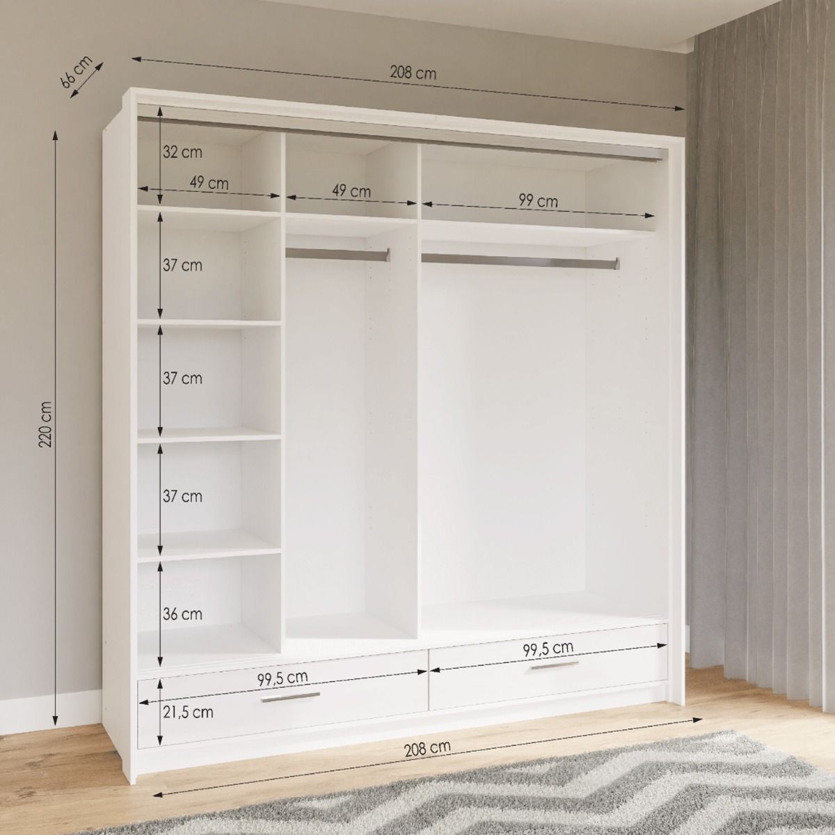 Warrington Bedroom Set with 208cm Wardrobe, Bedside and Chest - Grey, White, Black