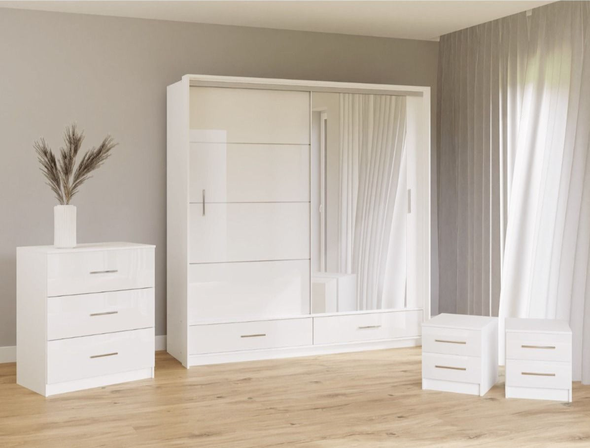 Warrington Bedroom Set with 208cm Wardrobe, Bedside and Chest - Black, Grey, White