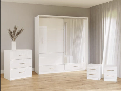 Warrington Bedroom Set with 208cm Wardrobe, Bedside and Chest - Grey, White, Black