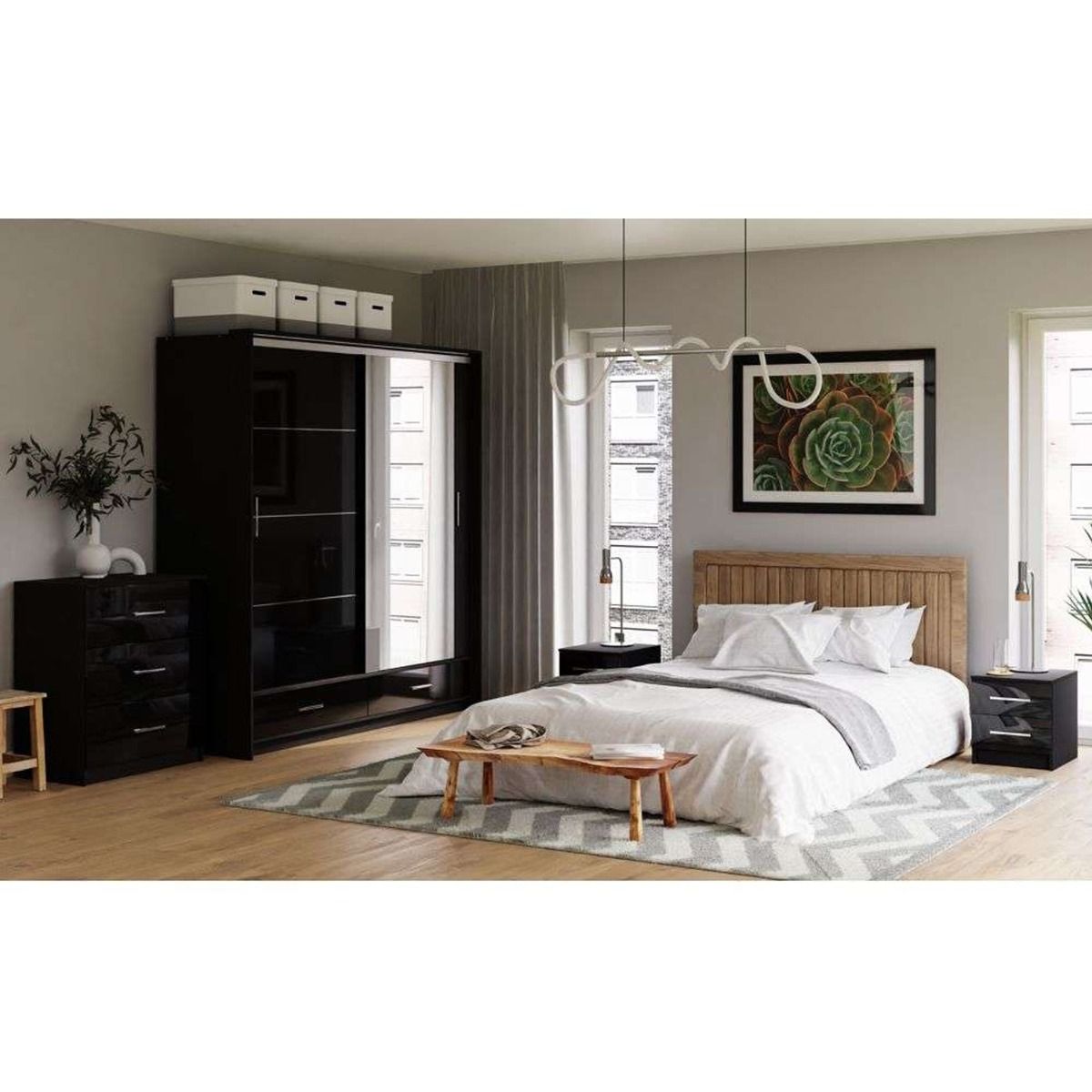 Warrington Bedroom Set with 208cm Wardrobe, Bedside and Chest - Black, Grey, White