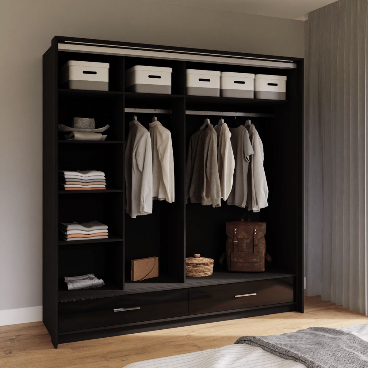 Warrington Bedroom Set with 208cm Wardrobe, Bedside and Chest - Black, Grey, White