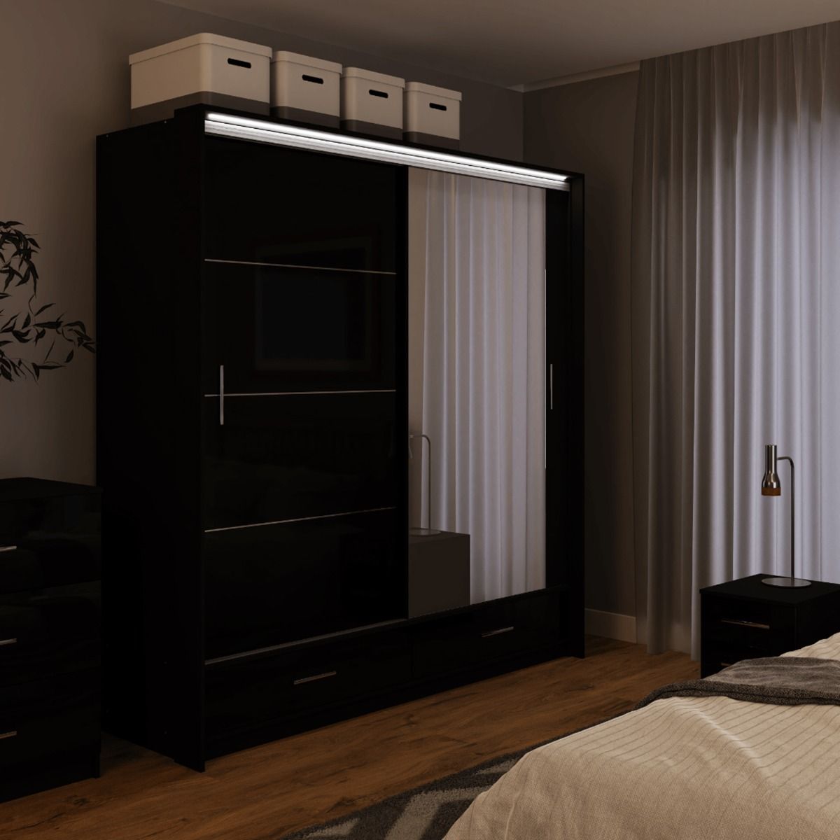 Warrington Bedroom Set with 208cm Wardrobe, Bedside and Chest - Black, Grey, White