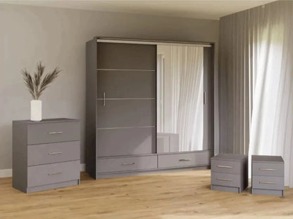 Warrington Bedroom Set with 208cm Wardrobe, Bedside and Chest - White, Grey, Black