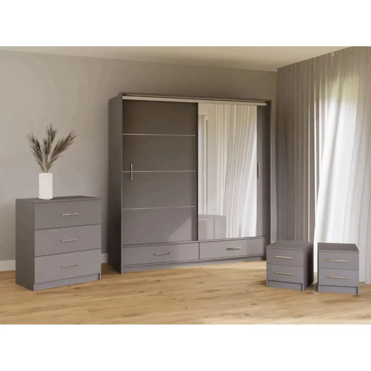 Warrington Bedroom Set with 208cm Wardrobe, Bedside and Chest - Grey, White, Black