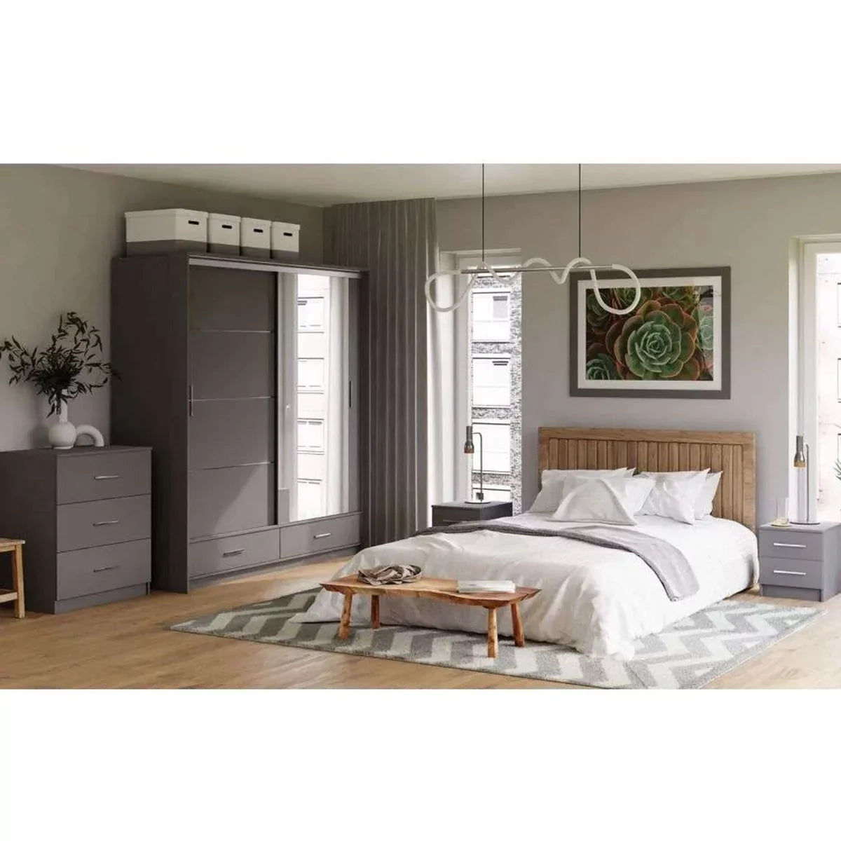 Warrington Bedroom Set with 208cm Wardrobe, Bedside and Chest - Black, Grey, White