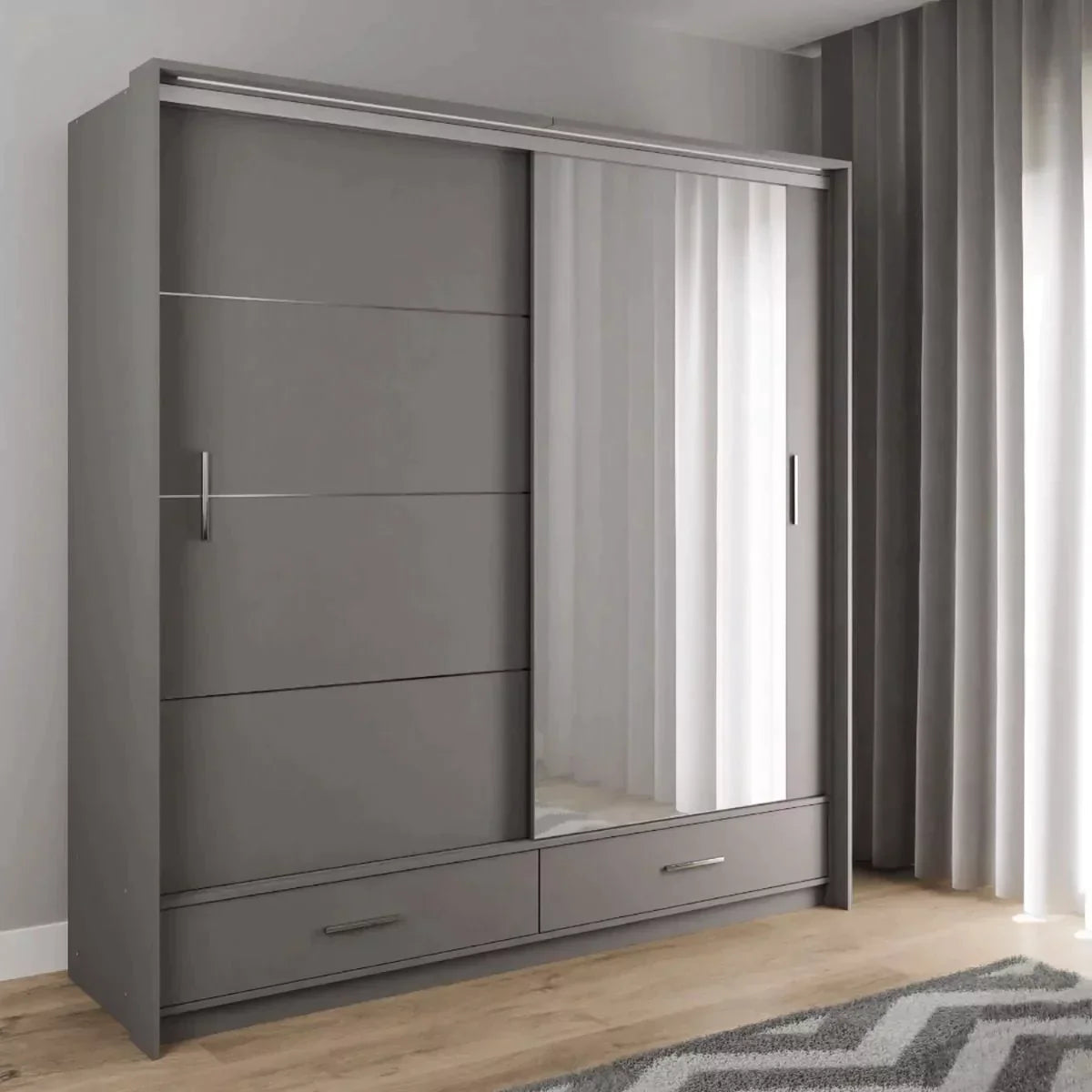 Warrington Bedroom Set with 208cm Wardrobe, Bedside and Chest - Grey, White, Black