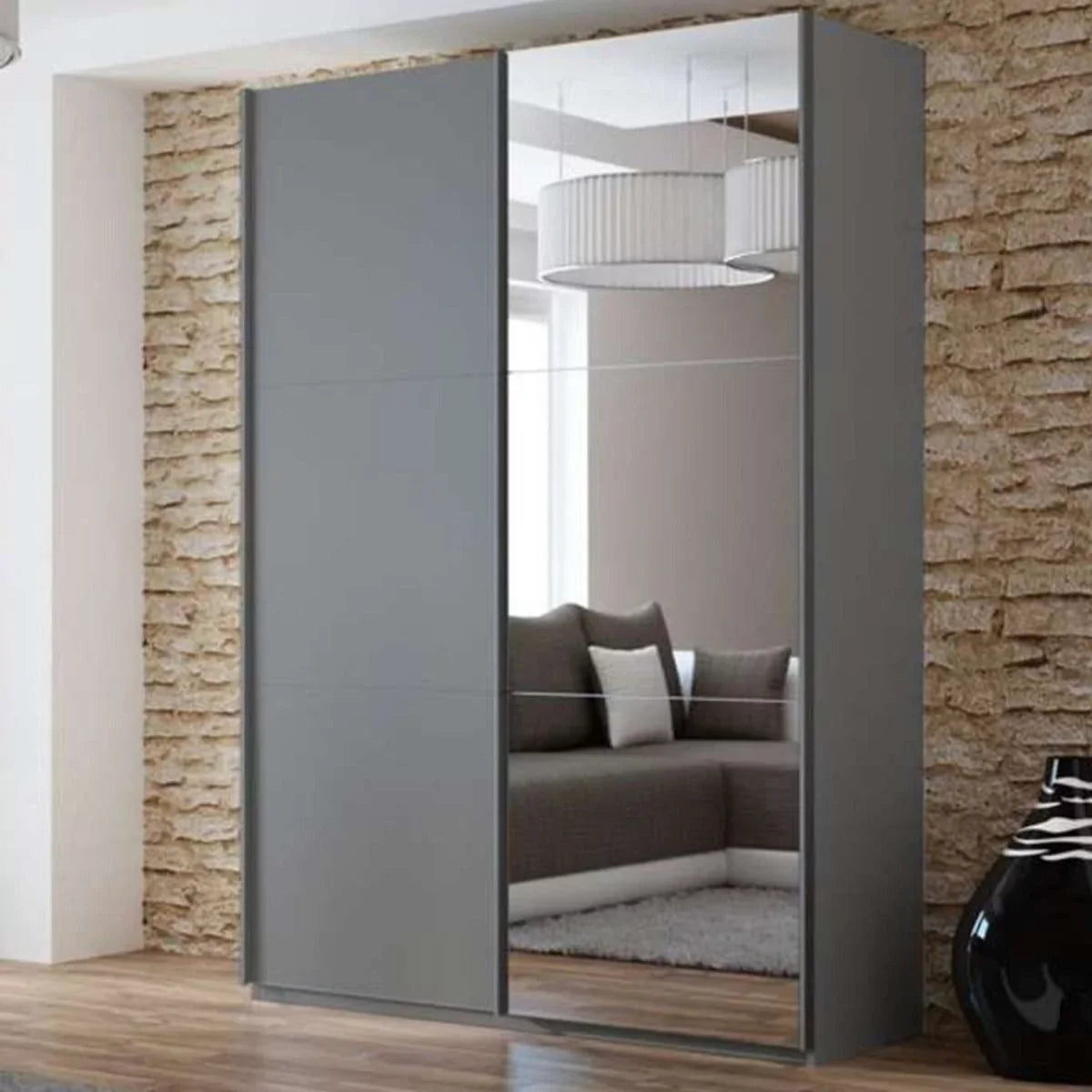 Boris Mirror Sliding Door 150cm Wardrobe - Black, Graphite, White