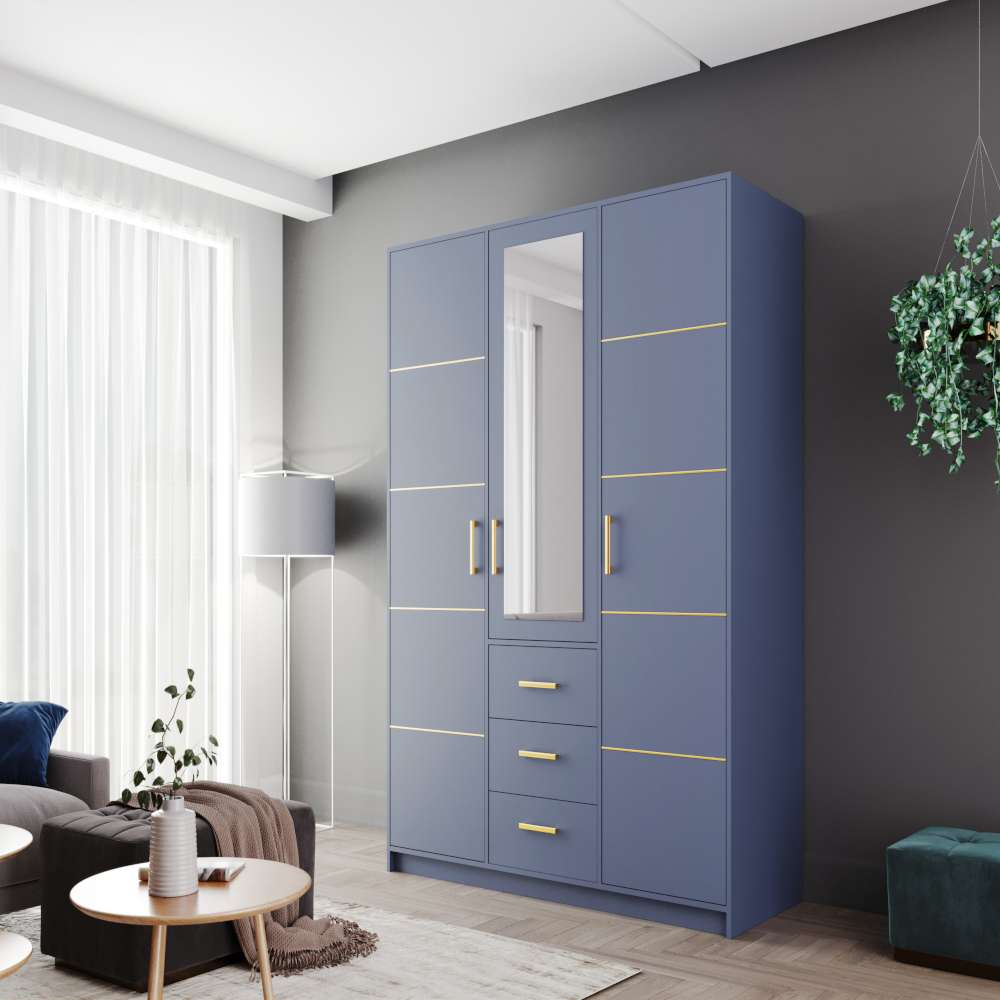 Barnsley 3 Doors Mirrored Wardrobe with 3 Drawers - Blue, Green, Plum