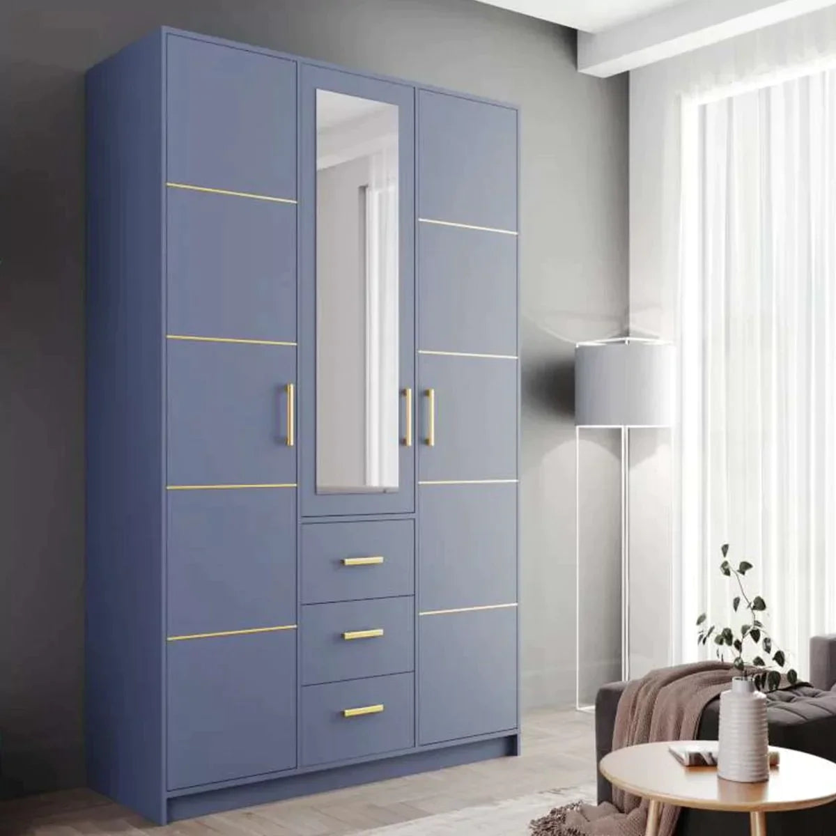 Barnsley 3 Doors Mirrored Wardrobe with 3 Drawers - Plum, Green, Blue