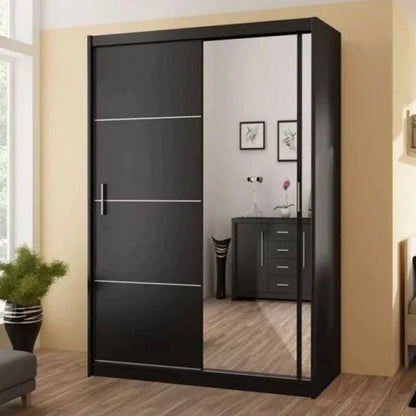 Vista Mirrored Sliding Door Wardrobe 150 cm- Black, White and Oak