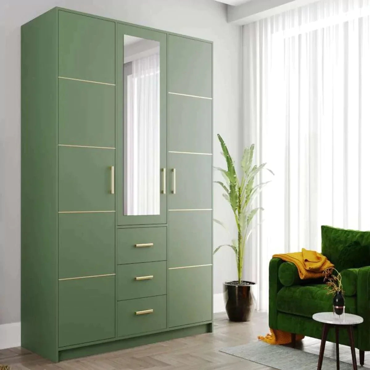 Barnsley 3 Doors Mirrored Wardrobe with 3 Drawers - Plum, Green, Blue