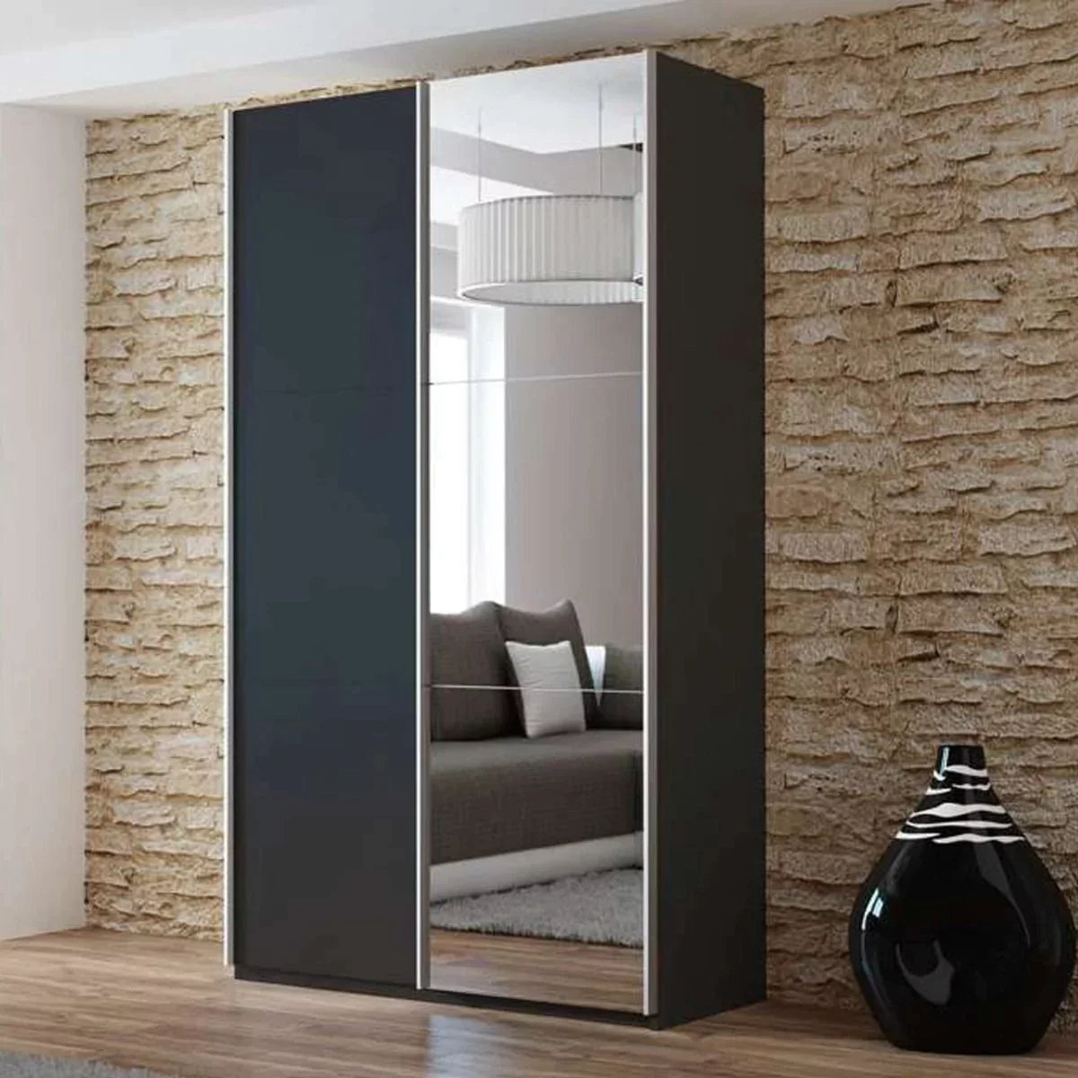 Boris Sliding Door 120cm Wardrobe with Mirror - Graphite, Black, White