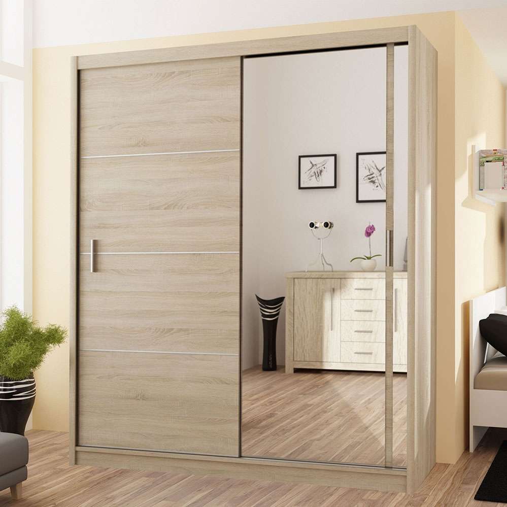 Vista Mirrored Sliding Door Wardrobe 203 cm- Black, White and Oak