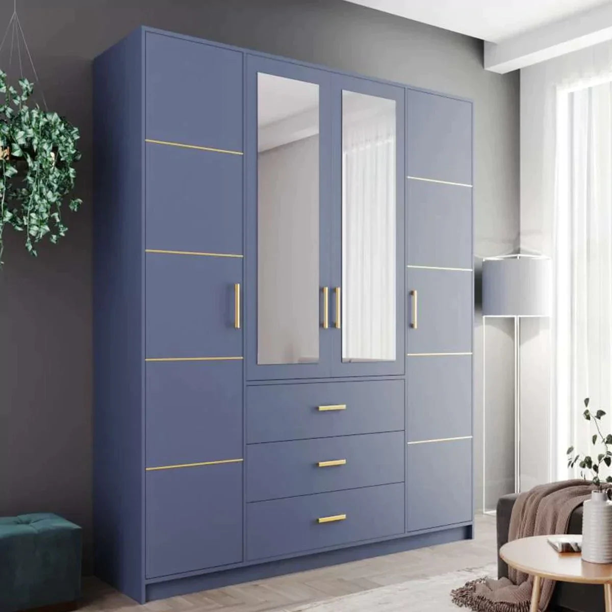 Barnsley 4 Doors Mirrored Wardrobe with 3 Drawers - Green, Blue, Plum