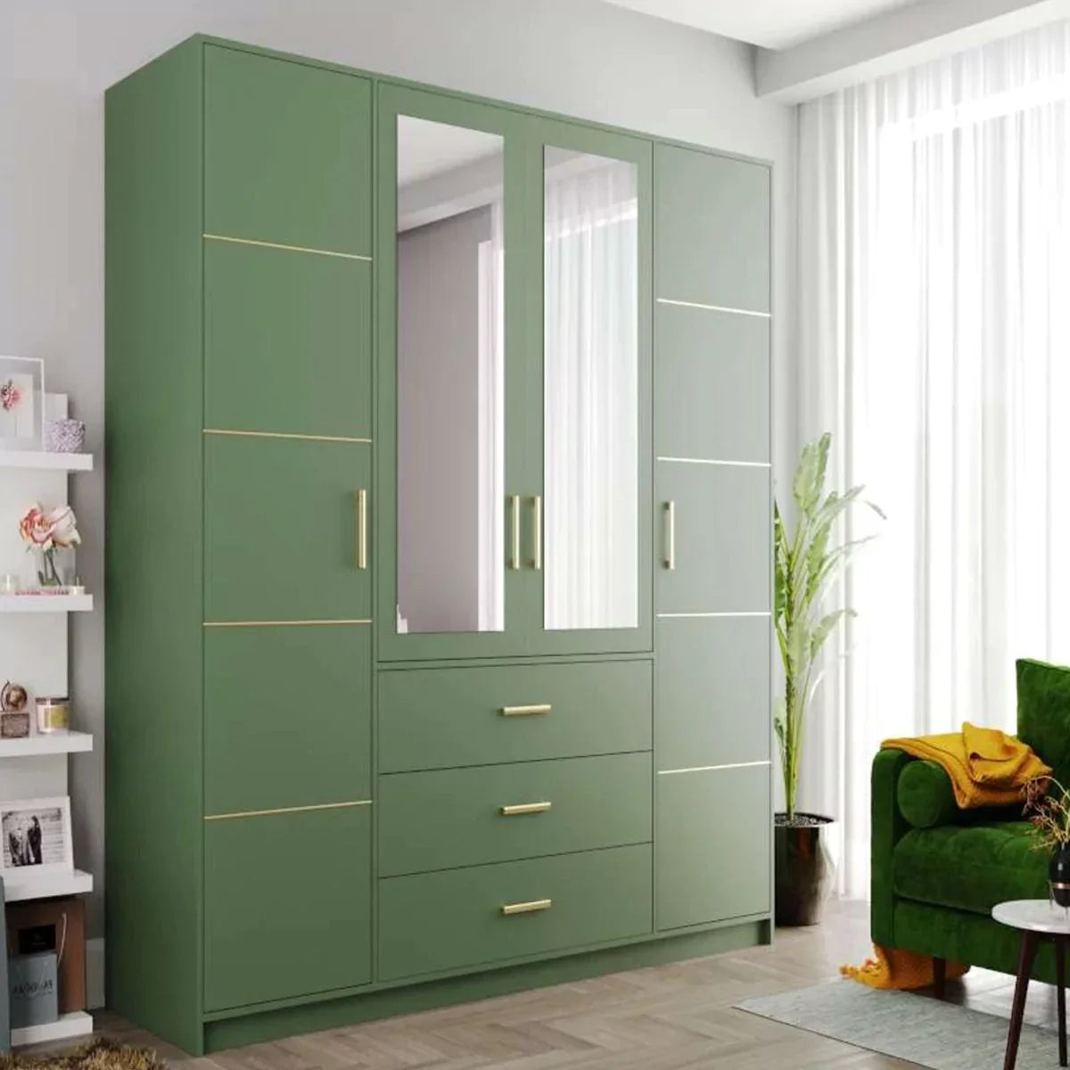 Barnsley 4 Doors Mirrored Wardrobe with 3 Drawers - Blue, Green, Plum