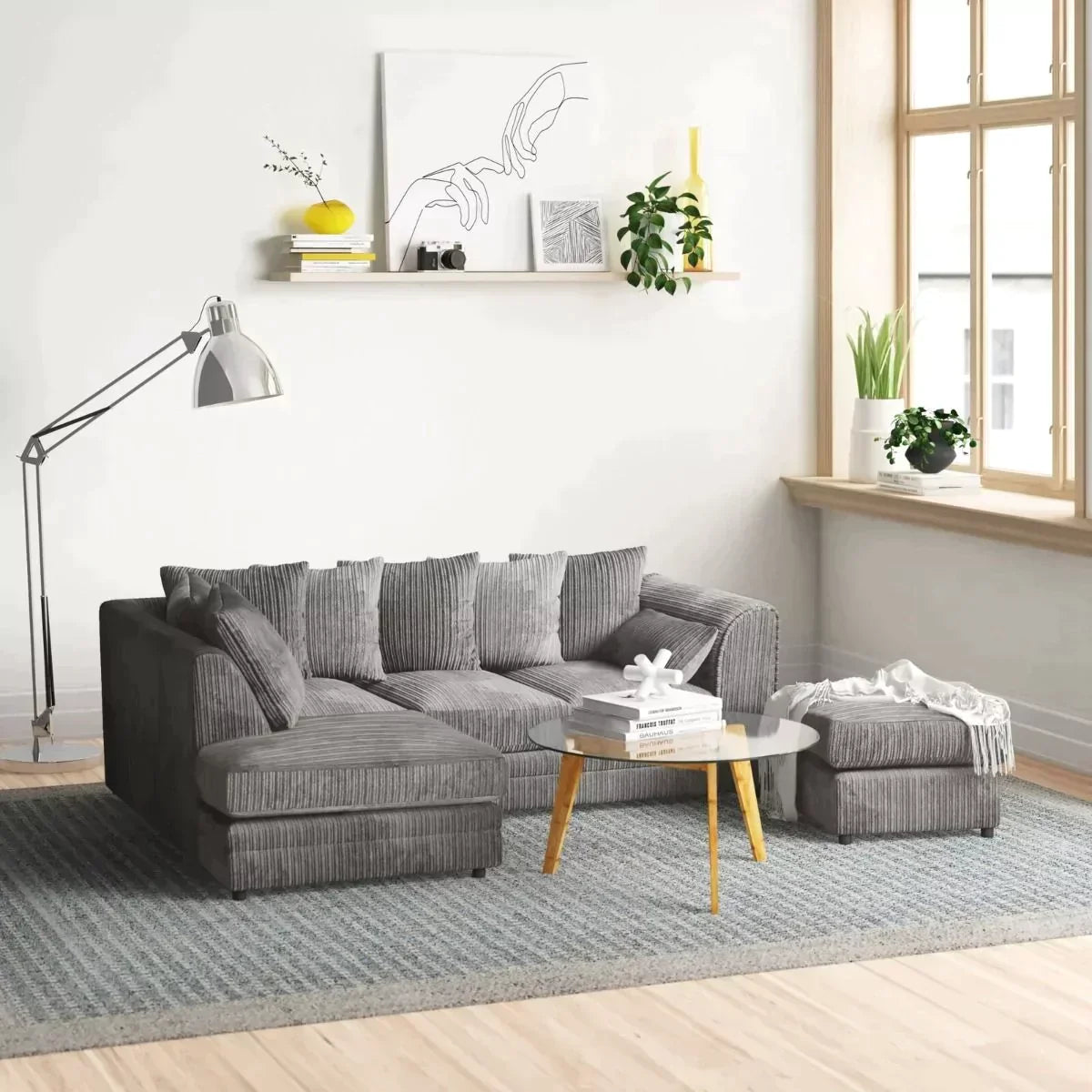 Mona Jumbo Cord Grey Corner Sofa with Footstool