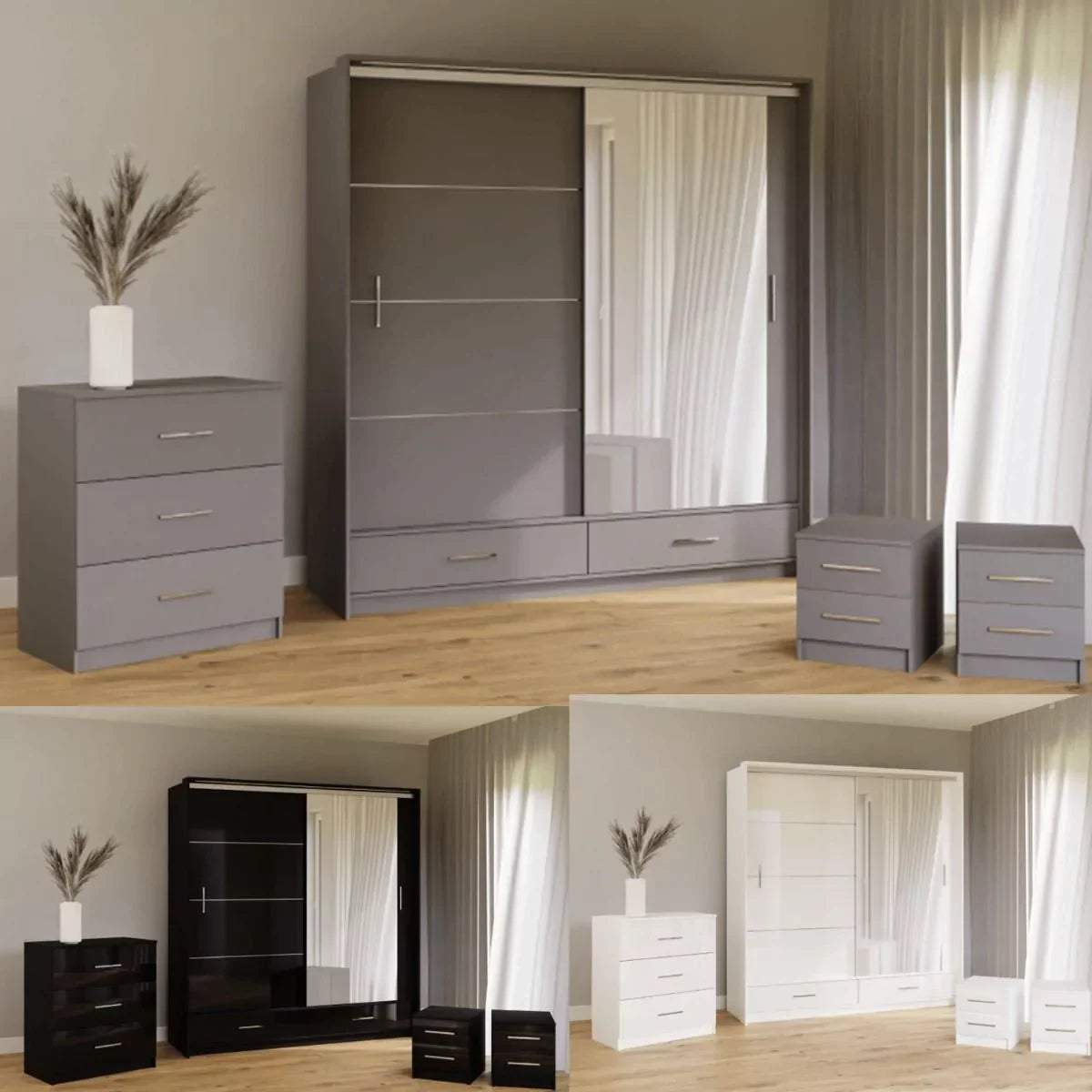 Warrington Bedroom Set with 208cm Wardrobe, Bedside and Chest - Black, Grey, White