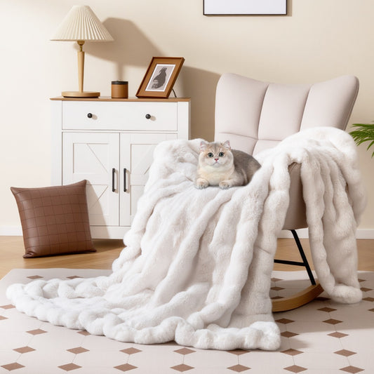 Fuzzy Plush Rabbit Fur Bubble Blanket for Bed Armchair Sofa-L