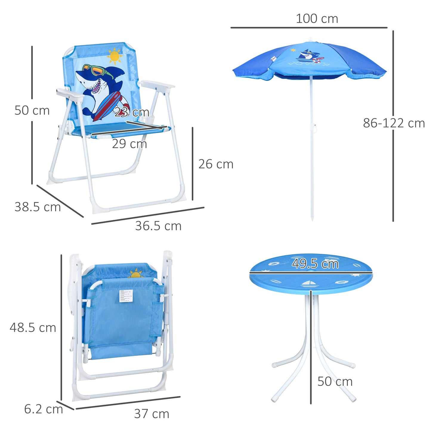 Outsunny Kids Outdoor Bistro Table and Chair Set, Folding Garden Furniture w/ Shark Design, Removable, Adjustable Sun Umbrella, Ages 3-6 Years - Blue