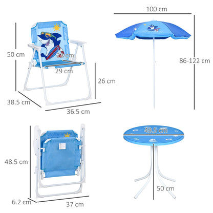 Outsunny Kids Outdoor Bistro Table and Chair Set, Folding Garden Furniture w/ Shark Design, Removable, Adjustable Sun Umbrella, Ages 3-6 Years - Blue