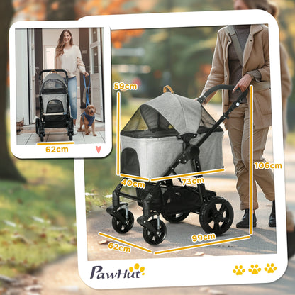 عربة أطفال PawHut Dog Pram للحيوانات الأليفة للكلاب الصغيرة والقطط، عربة قابلة للطي للكلاب مع حقيبة حمل للحيوانات الأليفة قابلة للفصل، ممتص للصدمات، مقود قابل للتعديل، رمادي