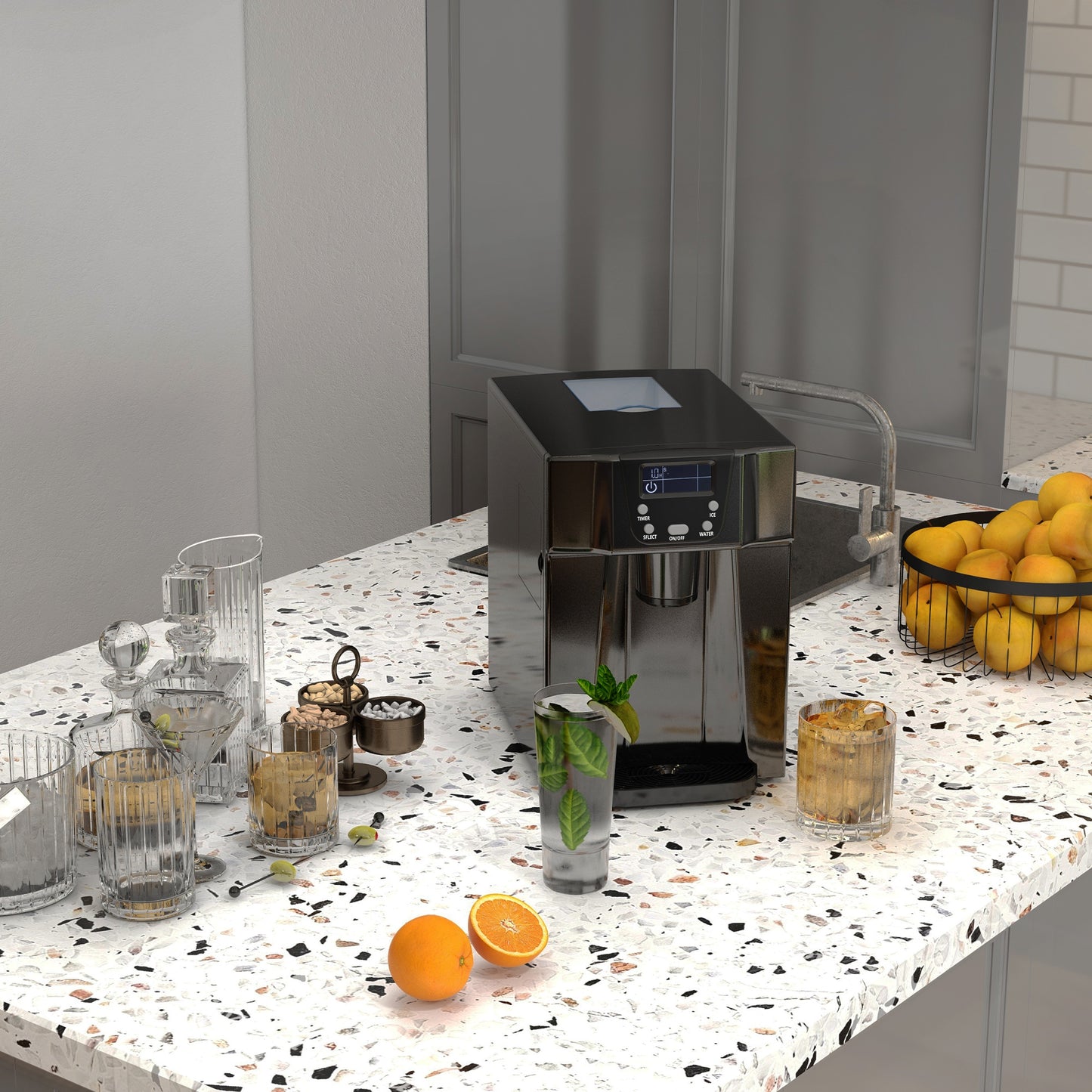 HOMCOM 3L Ice Maker Machine and Water Dispenser, 12kg in 24H, 2 Sizes 9 Ice Cubes Ready in 6-10 Mins Ice Machine, Black