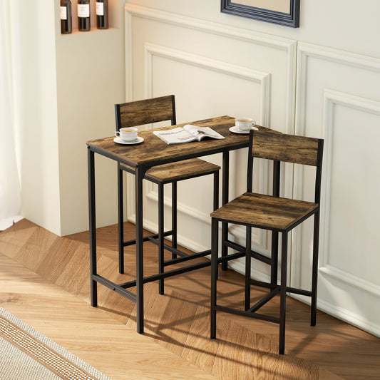 HOMCOM 3-Piece Bar Table Set with 2 Stools, Industrial Breakfast Bar Set with Footrest, Backrest for Dining Room, Small Space