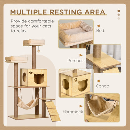 PawHut 130cm Cat Tree for Indoor Cats, Multi-Level Plush Cat Tower, with Five Scratching Posts, Two Perches, Cat House, Hammock