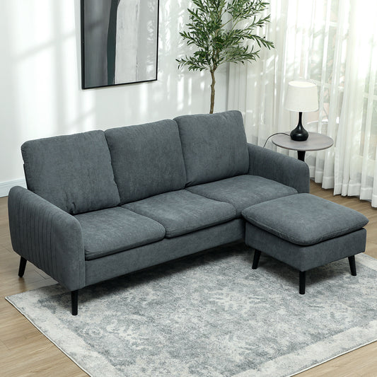 HOMCOM Fabric Sofa with Ottoman, Corduroy L-shaped Sofa Couch with Scatter Back, Reversible 3-Seater Chaise Lounge for Living Room, Home Office, Small Spaces, Charcoal Grey