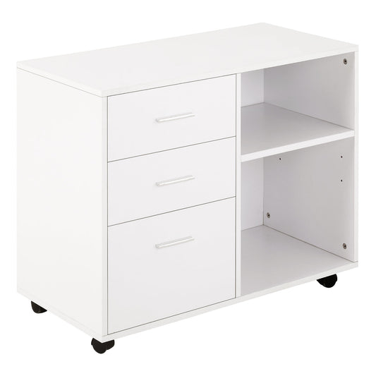 Stojak na drukarkę HOMCOM wolnostojący, biurko, mobilny schowek z kółkami, 3 szuflady, 2 otwarte półki, nowoczesny styl, 80L x 40W x 65H cm - biały