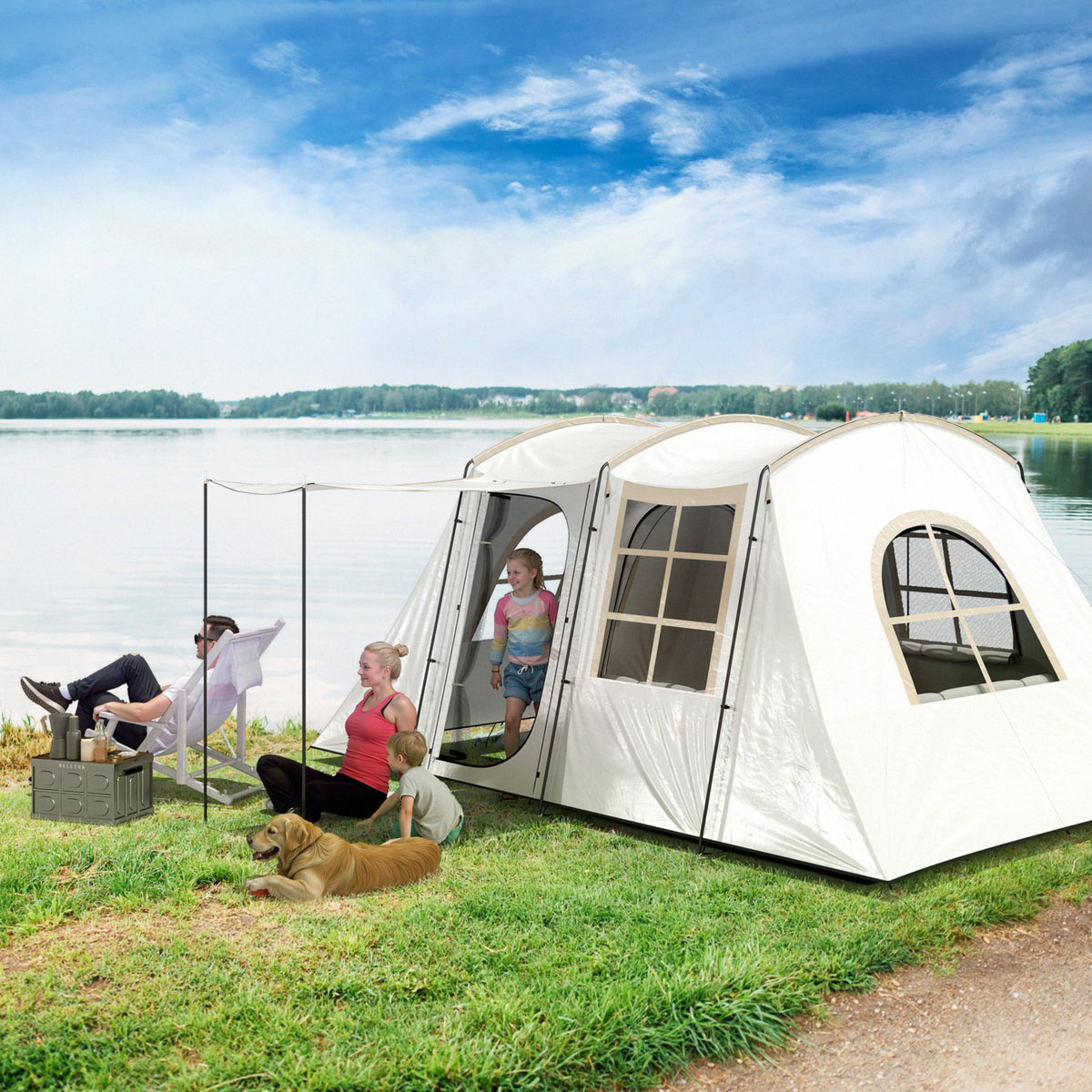 Outsunny 4 Man Tunnel Tent, Family Camping Tent with Porch, Bedroom and Living Area, Sewn in Groundsheet, 3000mm Waterproof, Portable with Bag for Hiking, Festival, Backpacking, Khaki