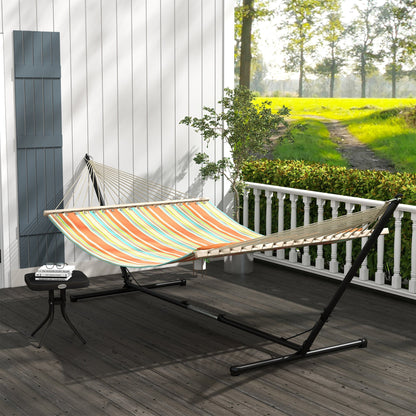 Garden Hammock with Stand, Double Cotton Hammock with Adjustable Steel Frame, Swing Hanging Bed with Pillow, for Garden, Patio, Beach, Red Stripes