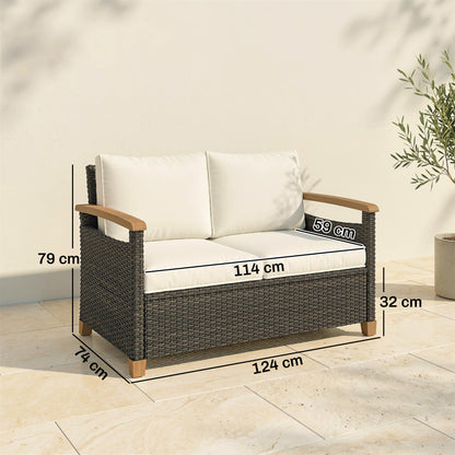 Outsunny 2 Seater Rattan Garden Sofa, Outdoor Sofa with Thickened Cushions and Acacia Wood Armrests, Brown