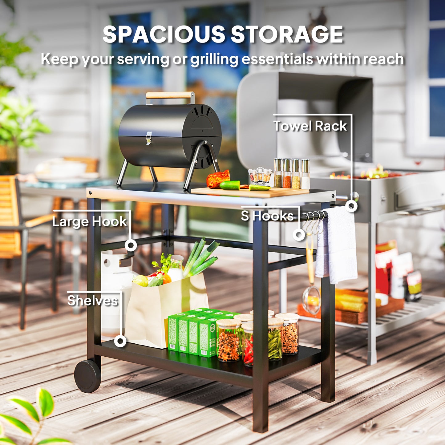 Outsunny Outdoor Grill Dining Cart 2-Shelf Movable Pizza Oven Table Stand z blatem ze stali nierdzewnej, przenośny wózek do grilla Food Prep Outdoor Kitchen BBQ Station z haczykami, kółkami i uchwytem, ​​antracytowy
