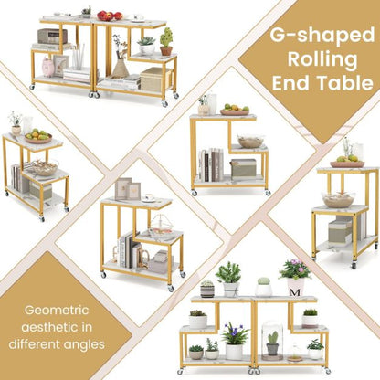 3-Tier Small Sofa Couch Side Table with Lockable Casters for Living Room-White