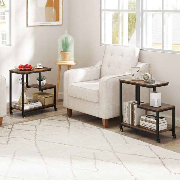 3-Tier Small Sofa Couch Side Table with Lockable Casters for Living Room-Brown