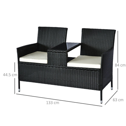 Outsunny 2 Seater Rattan Campanion Chair Wicker Loveseat Outdoor Patio Armchair with Drink Table Garden Furniture - Black