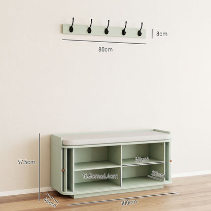 HOMCOM Hallway Storage Unit, Hallway Furniture Set with Shoe Storage Cabinet and 5 Hooks Coat Rack, Light Green
