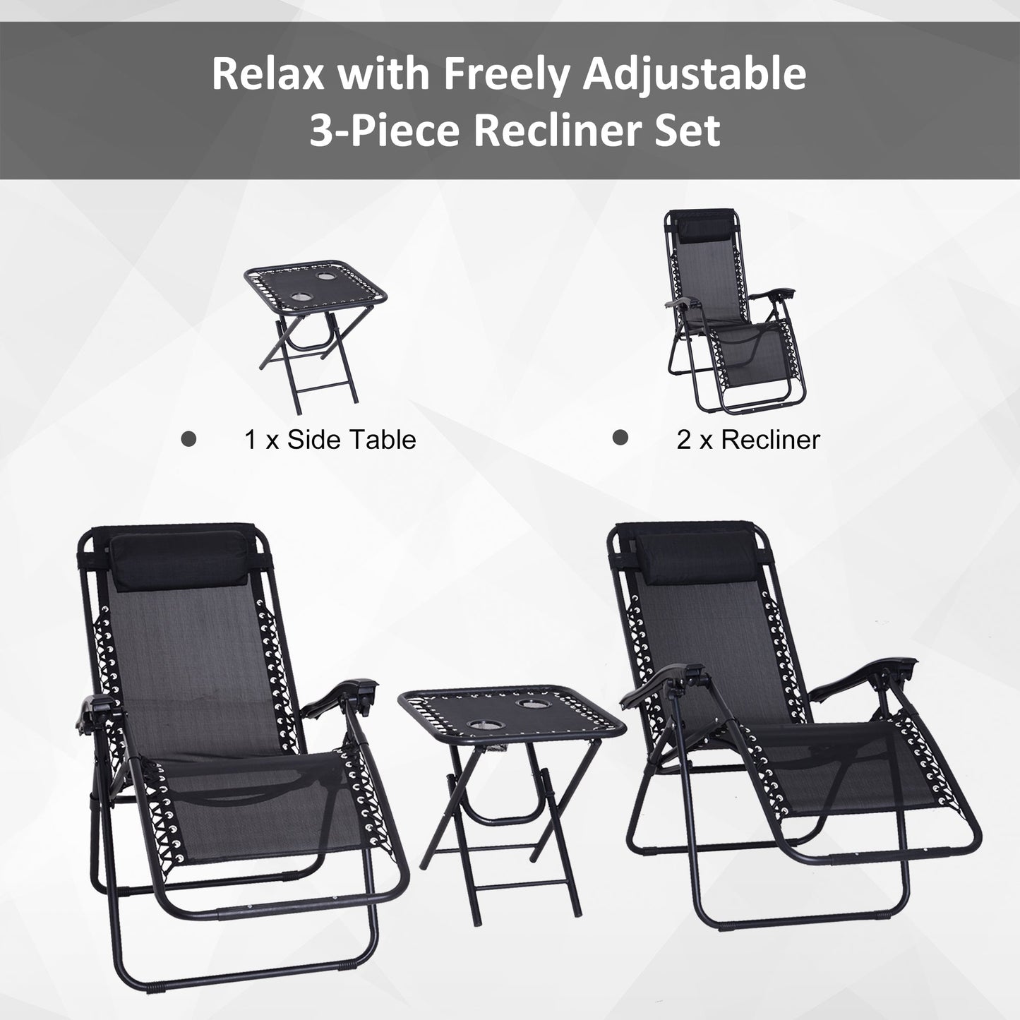 Outsunny 3pcs Folding Zero Gravity Chairs Sun Lounger Table Set w/ Cup Holders Reclining Garden Yard Pool, Black