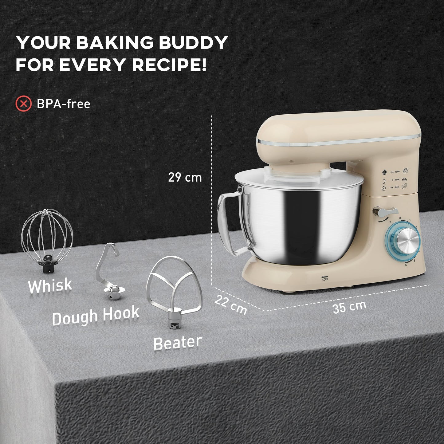 HOMCOM 1300W Kitchen Stand Mixer, with Accessories - Beige
