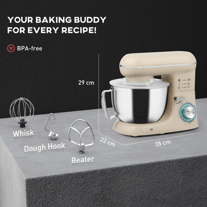 HOMCOM 1300W Kitchen Stand Mixer, with Accessories - Beige