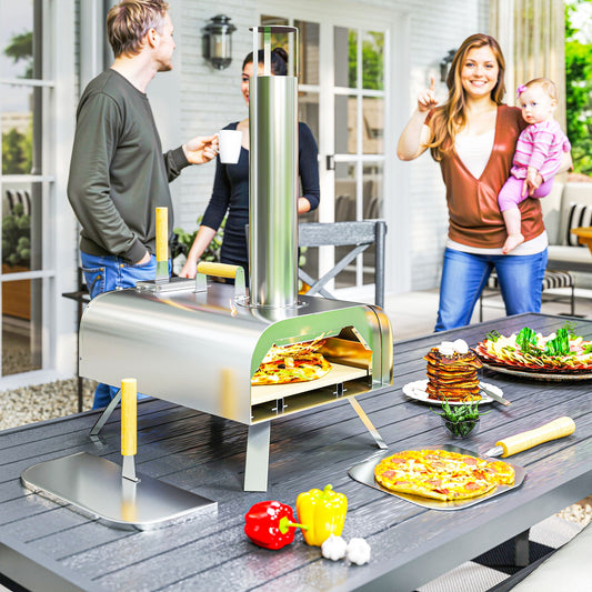 Outsunny Outdoor Pizza Oven, przenośny piec do pizzy na pelet drzewny z kamieniem do pizzy i łopatką, składane nogi, komin, 12-calowy piec do pizzy opalany drewnem do gotowania na zewnątrz, stal nierdzewna