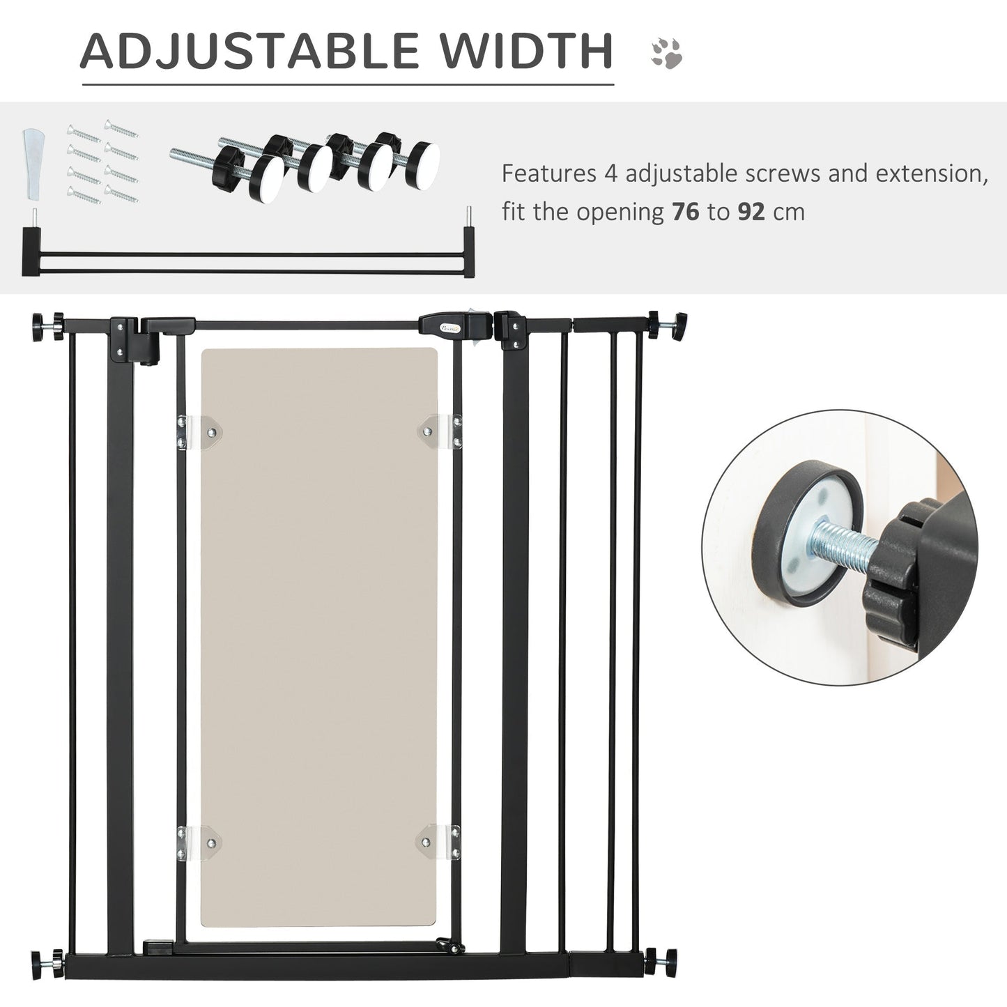 PawHut Pressure Fit Pet Safety Gate, Auto-Close Dog Barrier Stairgate, Double Locking, Acrylic Panel, for Doors, Hallways, Staircases, Openings 76-92 cm, Extensions Kit, Black