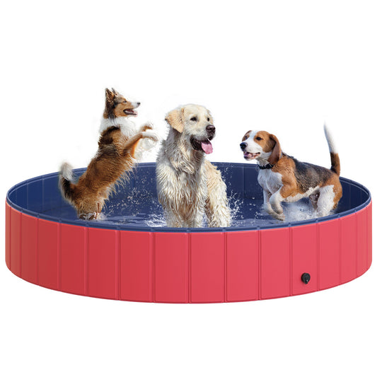 PawHut Foldable Dog Paddling Pool Pet Cat Swimming Pool Indoor/Outdoor Collapsible Summer Bathing Tub Shower Tub Puppy Washer (_160 _ 30H cm, Red)